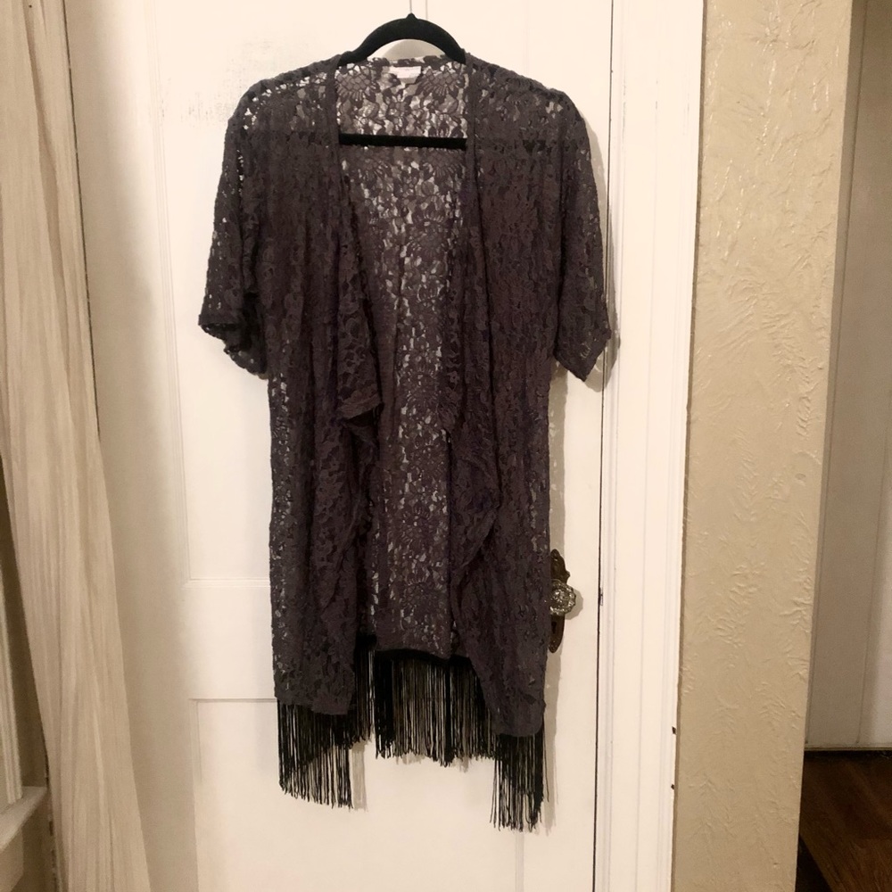 Steel Grey Lace Duster with Black Fringe